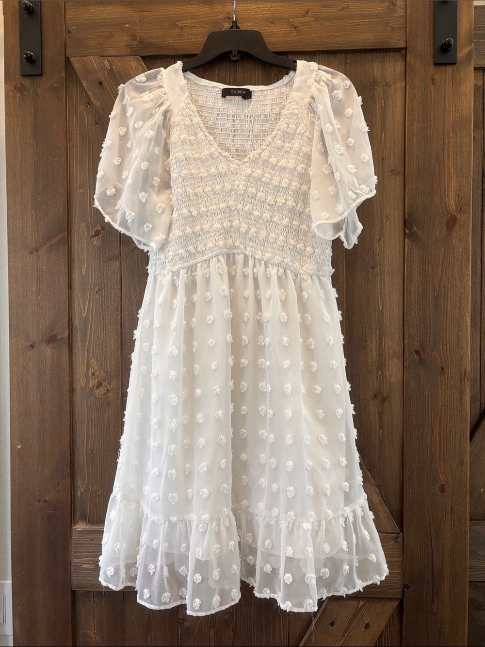 TECREW White Textured Smocked V-Neck Formal Dress